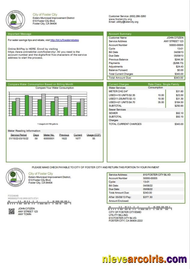 USA California City of Foster City utility bill